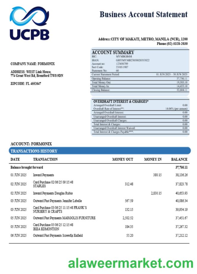 UCPB bank company statement Word and PDF format